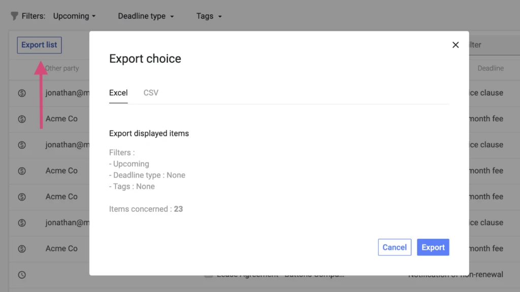 Here’s how to export contract deadline data as an Excel spreadsheet.