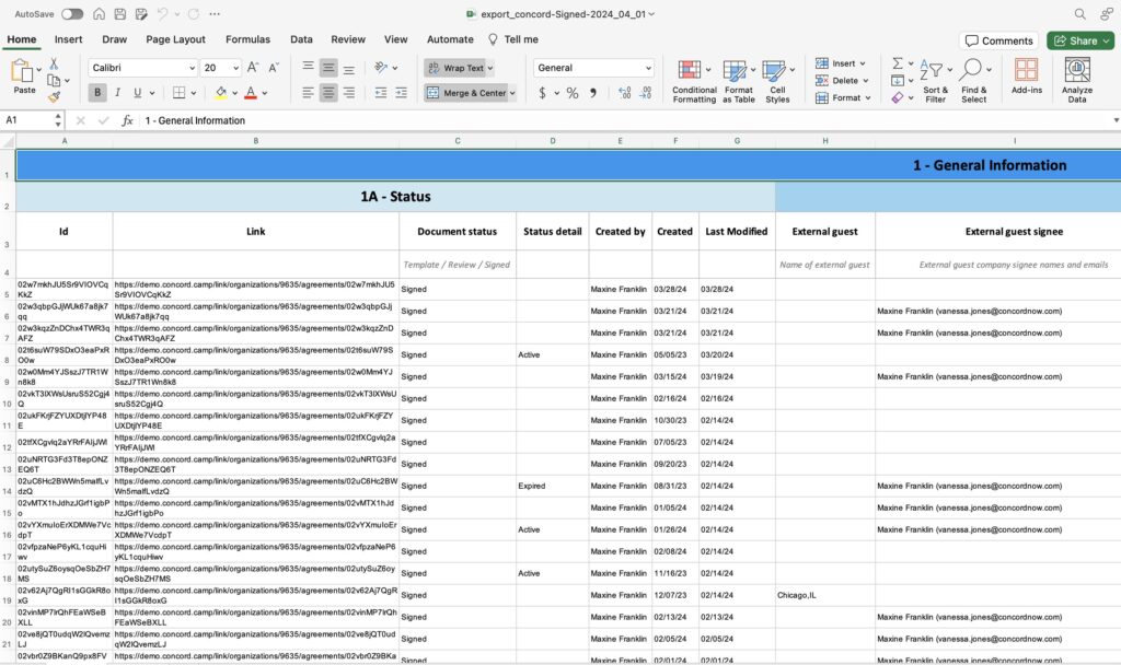Contract data extracted as an Excel spreadsheet file from Concord